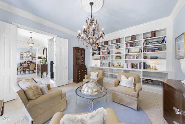 living area with crown molding, tile patterned floors, a chandelier, and built in shelves