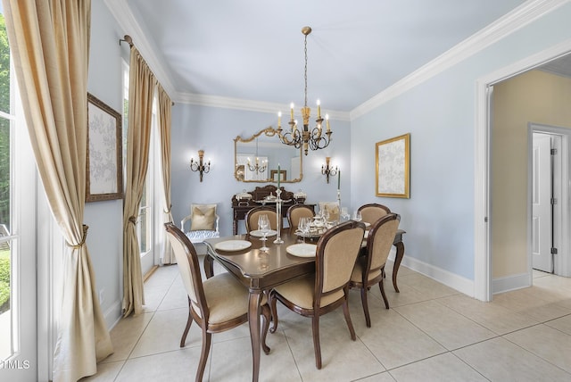 dining space featuring crown molding, baseboards, light tile patterned floors, and a chandelier