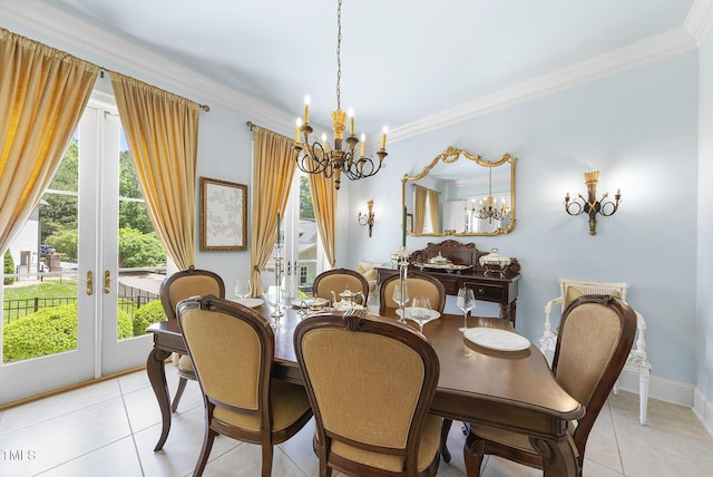 dining space with french doors, ornamental molding, light tile patterned floors, and a notable chandelier