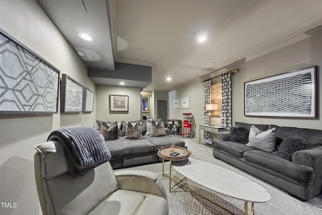 carpeted living area featuring crown molding and recessed lighting