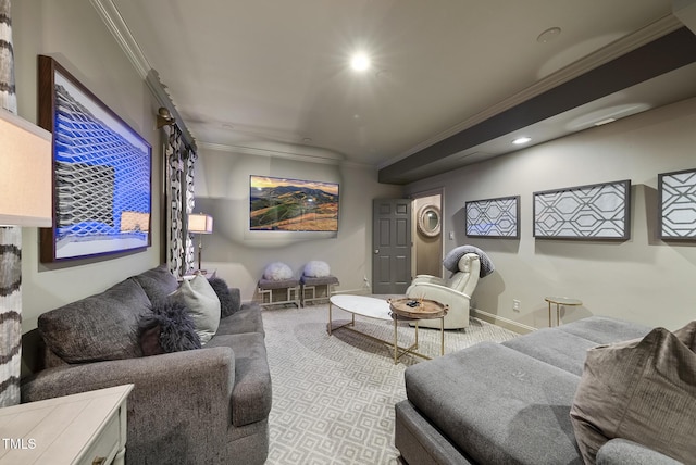 carpeted living room with recessed lighting and ornamental molding