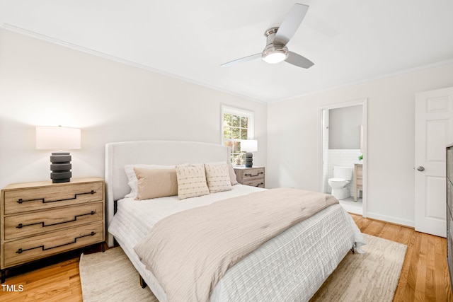 3420 Sheridan Dr, Durham, NC 27707 - bedroom with ornamental molding, light wood-style flooring, connected bathroom, and a ceiling fan