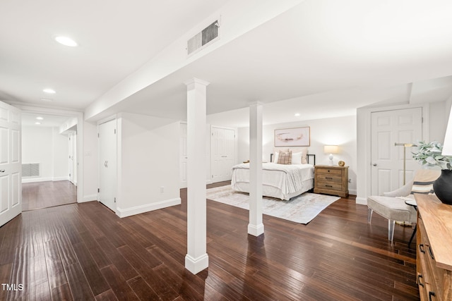 3420 Sheridan Dr, Durham, NC 27707 - bedroom featuring wood-type flooring, baseboards, recessed lighting, and ornate columns