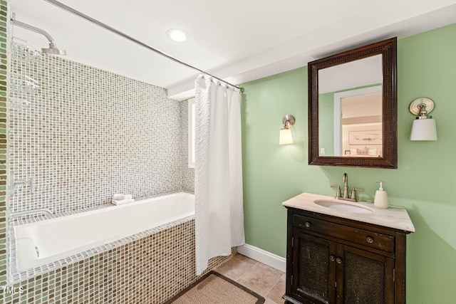 3420 Sheridan Dr, Durham, NC 27707 - bathroom featuring tile patterned floors, vanity, tiled shower / bath combo, baseboards, and recessed lighting