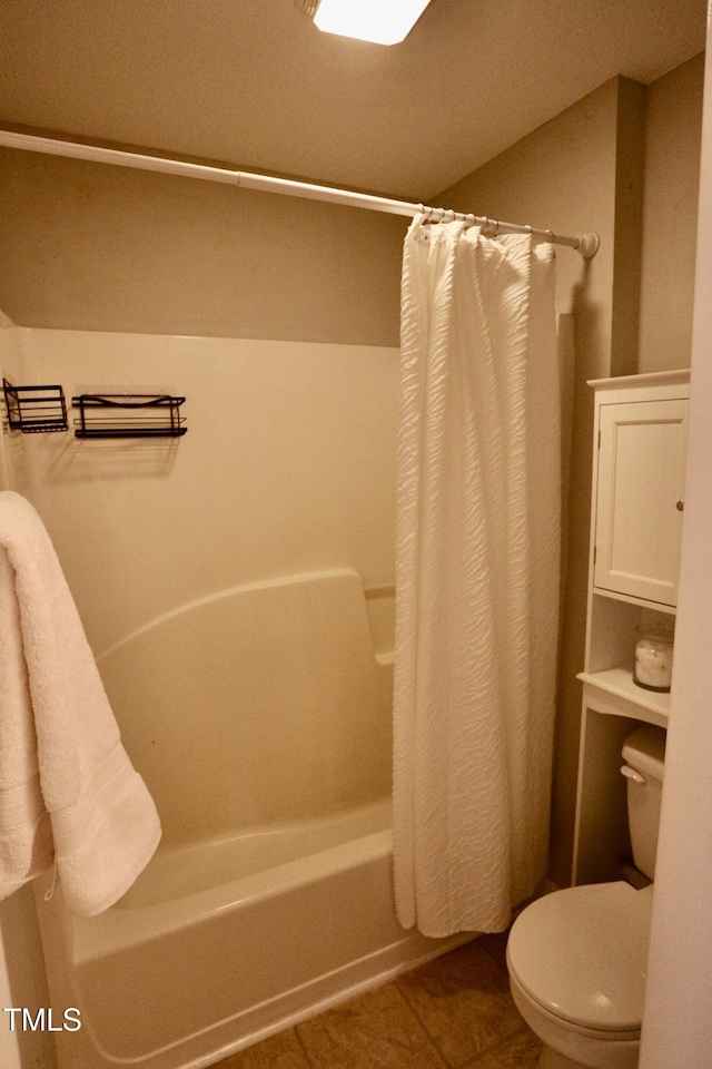 3832 Doeskin Dr, Apex, NC 27539 - full bathroom with toilet, shower / tub combo with curtain, and tile patterned floors
