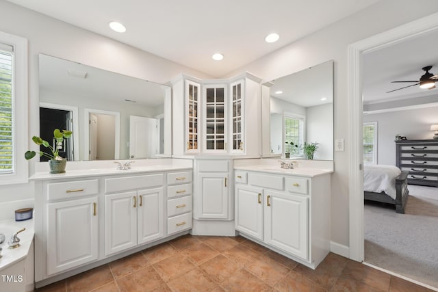 bathroom featuring connected bathroom, recessed lighting, ceiling fan, and vanity