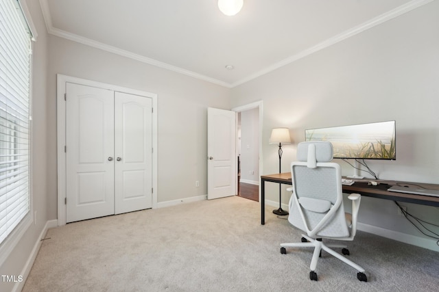 carpeted home office featuring crown molding and baseboards