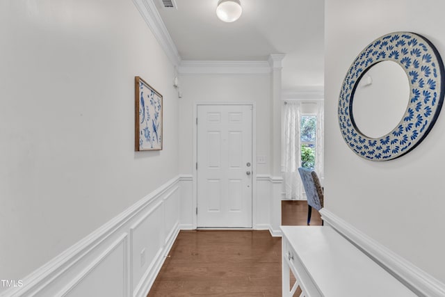 3801 Althorp Dr, Raleigh, NC 27616 - interior space featuring crown molding, dark wood-style flooring, and wainscoting