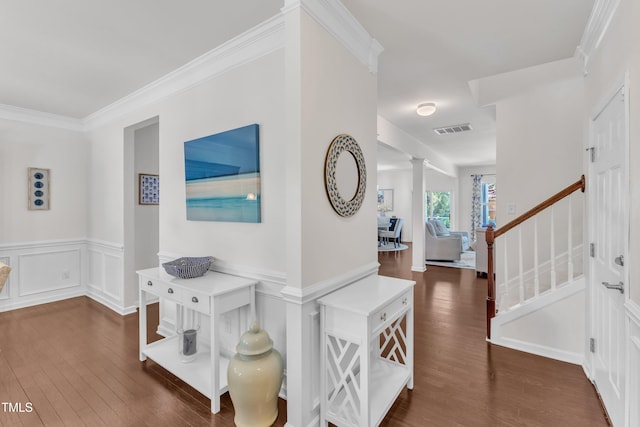 3801 Althorp Dr, Raleigh, NC 27616 - interior space featuring visible vents, ornamental molding, wood finished floors, and stairway