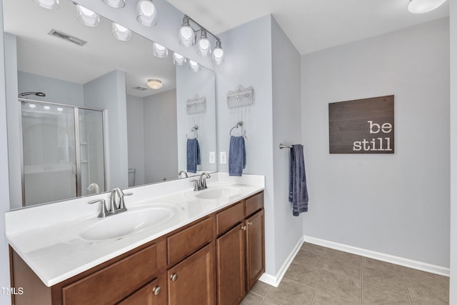 3801 Althorp Dr, Raleigh, NC 27616 - bathroom featuring double vanity, visible vents, a shower stall, and a sink