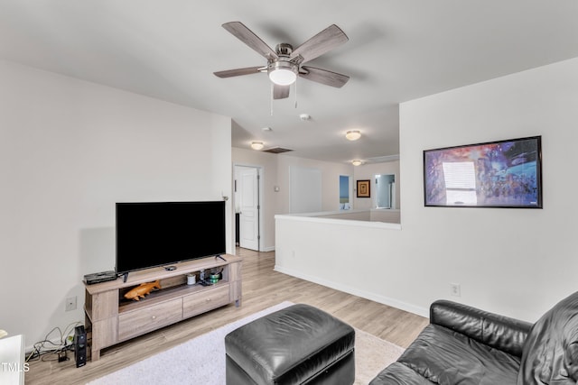 3801 Althorp Dr, Raleigh, NC 27616 - living area featuring a ceiling fan, baseboards, visible vents, and light wood-style flooring