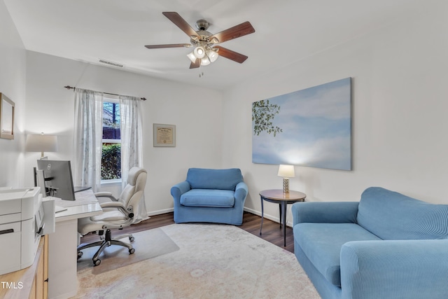 3801 Althorp Dr, Raleigh, NC 27616 - office area with baseboards, visible vents, ceiling fan, and wood finished floors