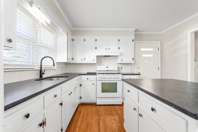 2917 Trail Six, Burlington, NC 27215 - kitchen featuring white gas stove, under cabinet range hood, dark countertops, a sink, and ornamental molding