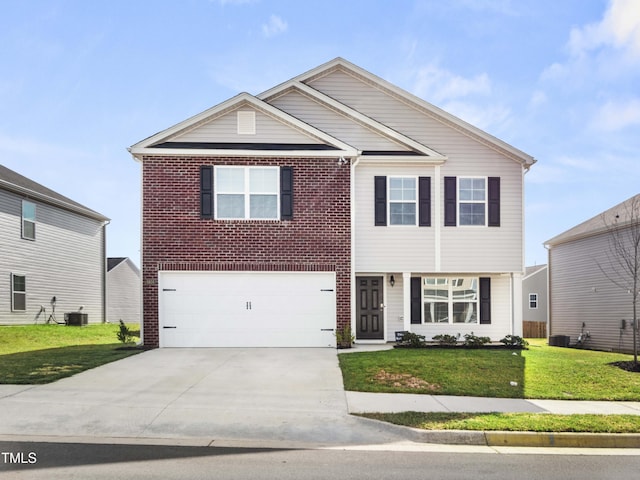 6858 Keeneland Dr, Whitsett, NC 27377 - view of front of house with a garage, a front lawn, cooling unit, brick siding, and driveway