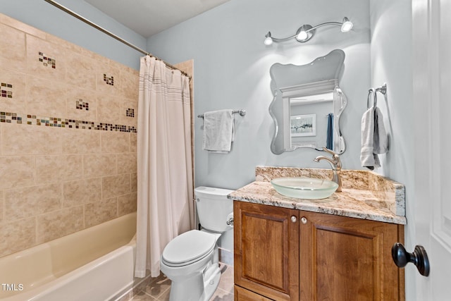 bathroom featuring toilet, shower / bathtub combination with curtain, and vanity