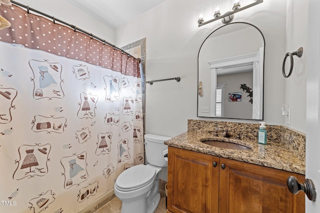 bathroom with vanity, tile patterned floors, toilet, and a shower with shower curtain