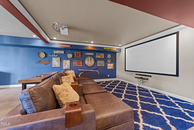 cinema room with recessed lighting, baseboards, and ornamental molding