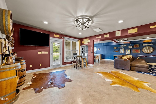 game room with recessed lighting, concrete floors, and baseboards