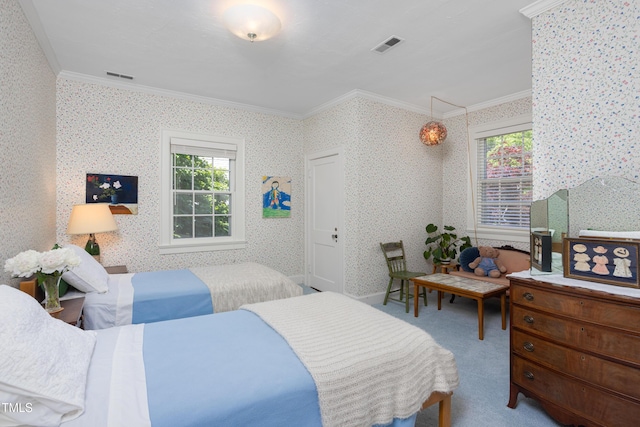19 Oak Dr, Durham, NC 27707 - bedroom with crown molding, carpet flooring, wallpapered walls, and visible vents