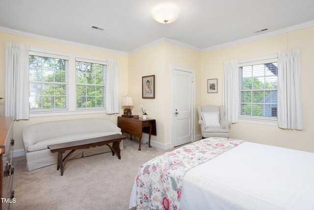 19 Oak Dr, Durham, NC 27707 - bedroom featuring visible vents, ornamental molding, carpet flooring, and multiple windows