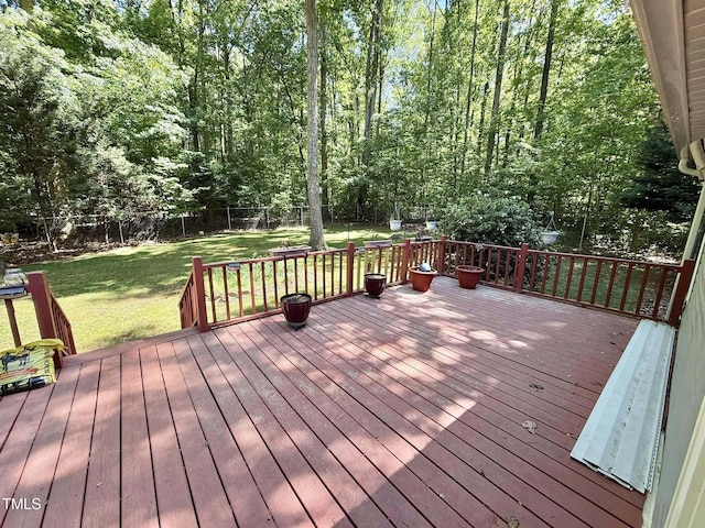 wooden terrace featuring a fenced backyard and a lawn