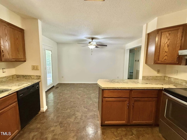 kitchen featuring stainless steel range with electric stovetop, light countertops, brown cabinets, a ceiling fan, and dishwasher