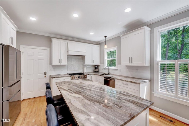 105 Wittenham Dr, Cary, NC 27519 - kitchen with appliances with stainless steel finishes, custom exhaust hood, ornamental molding, a sink, and white cabinetry