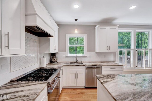 105 Wittenham Dr, Cary, NC 27519 - kitchen with stainless steel appliances, custom exhaust hood, a sink, white cabinetry, and tasteful backsplash