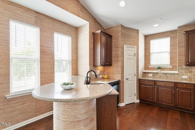 kitchen featuring a peninsula, dark wood finished floors, a wealth of natural light, and a sink