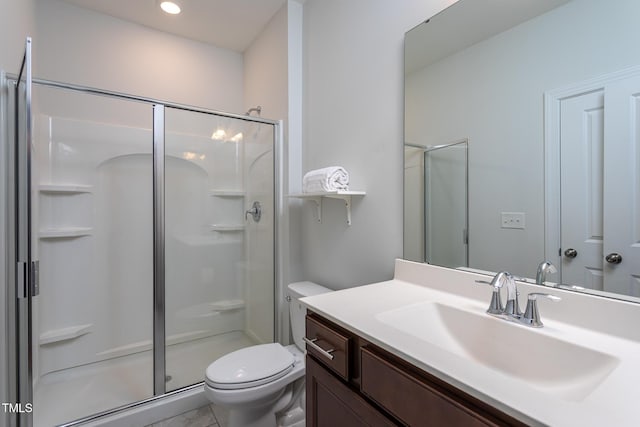 full bathroom with toilet, recessed lighting, a shower stall, and vanity