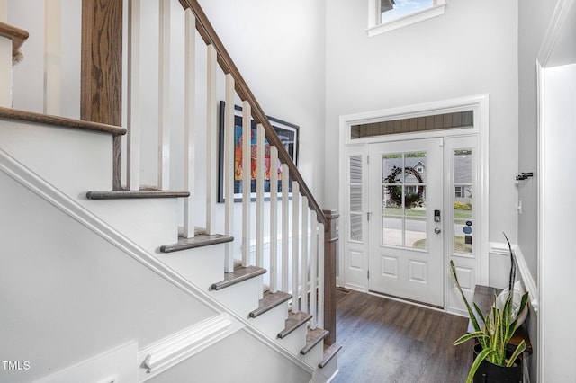 180 Long Grass Dr, Smithfield, NC 27577 - entryway with stairway, wood finished floors, and a towering ceiling