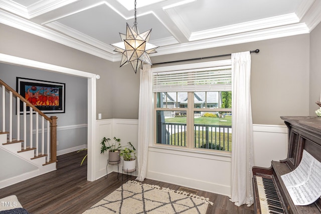 180 Long Grass Dr, Smithfield, NC 27577 - entryway featuring an inviting chandelier, a wainscoted wall, crown molding, and wood finished floors