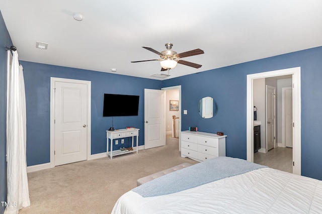 180 Long Grass Dr, Smithfield, NC 27577 - bedroom with baseboards, a ceiling fan, visible vents, and light carpet