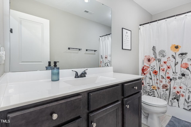 180 Long Grass Dr, Smithfield, NC 27577 - bathroom featuring vanity, a shower with shower curtain, toilet, and visible vents