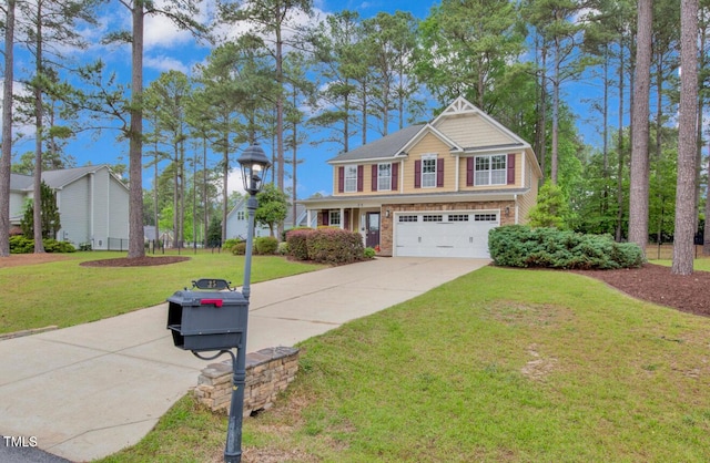 view of front of home with an attached garage, brick siding, a front yard, and concrete driveway