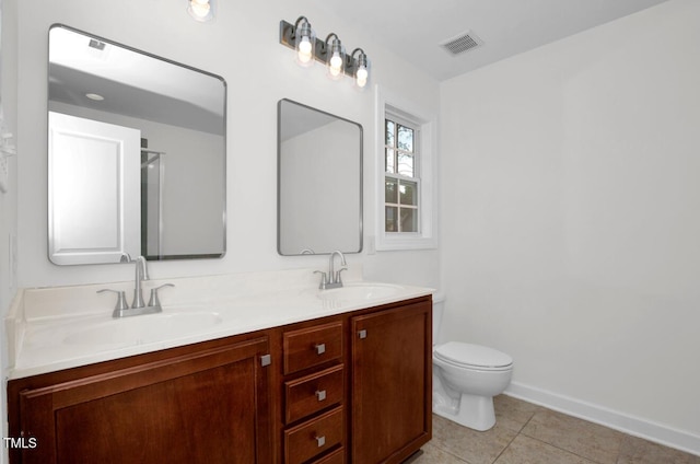 bathroom with toilet, tile patterned floors, visible vents, and a sink