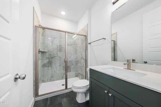 full bathroom featuring tile patterned flooring, vanity, toilet, a shower stall, and visible vents