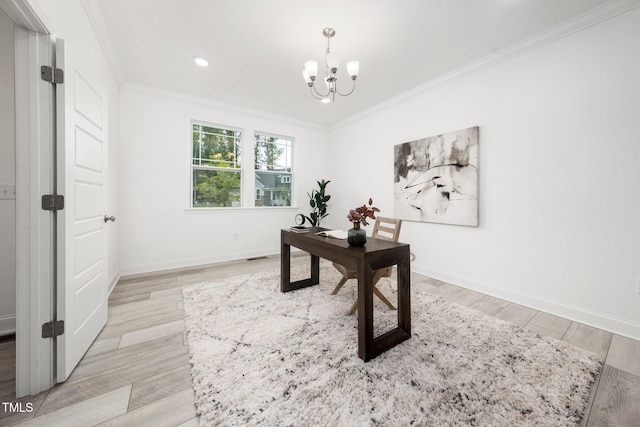 1813 Lost Creek Ct, Apex, NC 27539 - office area with a chandelier, ornamental molding, light wood-type flooring, baseboards, and recessed lighting