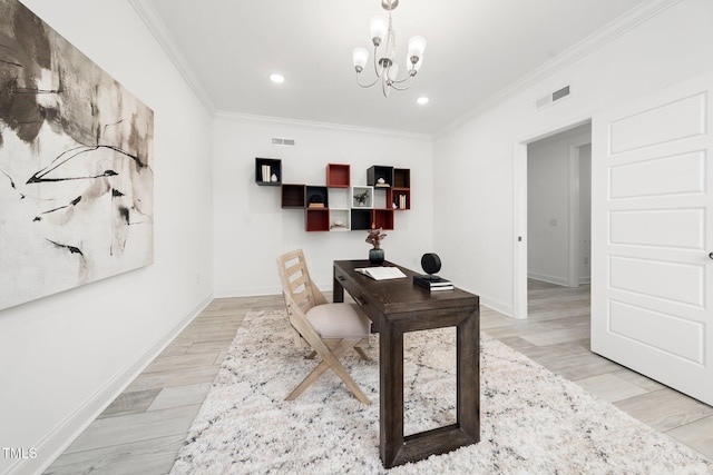 1813 Lost Creek Ct, Apex, NC 27539 - office with ornamental molding, a chandelier, light wood-style floors, baseboards, and recessed lighting