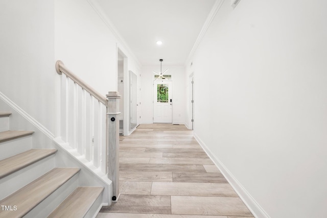 1813 Lost Creek Ct, Apex, NC 27539 - entrance foyer featuring stairs, ornamental molding, baseboards, light wood-style flooring, and recessed lighting