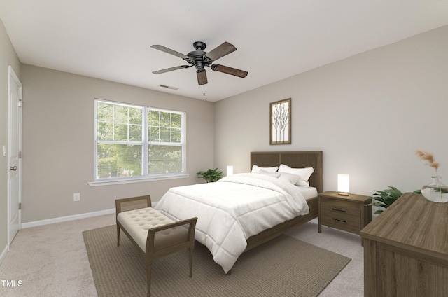 bedroom with light colored carpet, visible vents, baseboards, and a ceiling fan