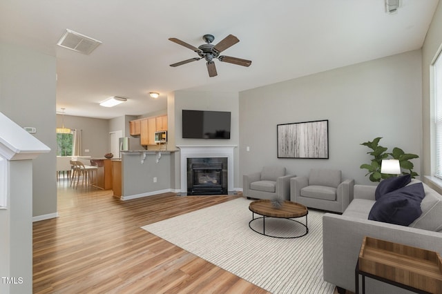 living area with light wood finished floors, ceiling fan, a fireplace with flush hearth, and visible vents