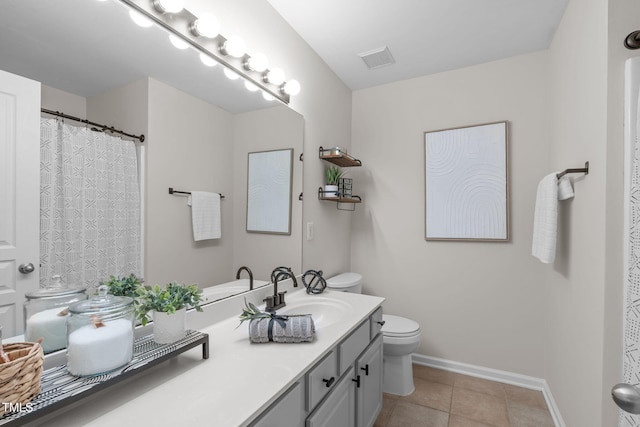 full bathroom with tile patterned flooring, vanity, toilet, baseboards, and visible vents