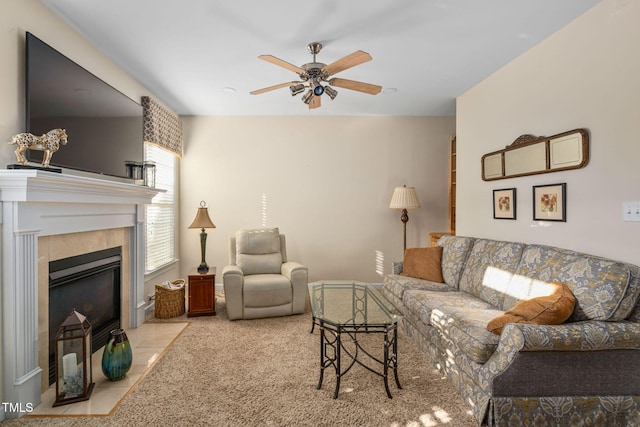 210 Presidents Walk Ln, Cary, NC 27519 - carpeted living area with a tiled fireplace and a ceiling fan