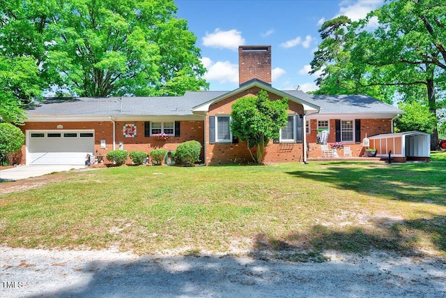 206 Kittys Ln, Erwin, NC 28339 - view of front of house with a chimney, a garage, a storage shed, and a front yard