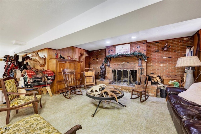 206 Kittys Ln, Erwin, NC 28339 - living room with wooden walls, brick wall, carpet, and a fireplace