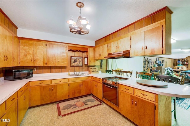 206 Kittys Ln, Erwin, NC 28339 - kitchen featuring an inviting chandelier, black microwave, light countertops, electric stove, and a peninsula