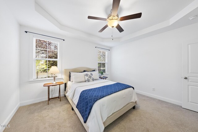 20 Paddy Ln, Youngsville, NC 27596 - bedroom with a tray ceiling, light carpet, baseboards, and a ceiling fan