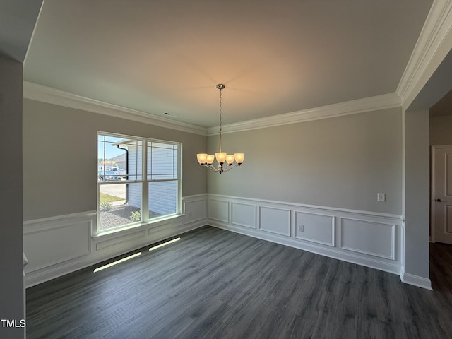 5084 Holly Hill Ct Lot 25, Battleboro, NC 27809 - spare room with crown molding, wainscoting, dark wood-type flooring, and a notable chandelier