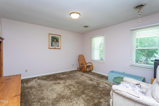 living area with baseboards, carpet flooring, and a textured ceiling